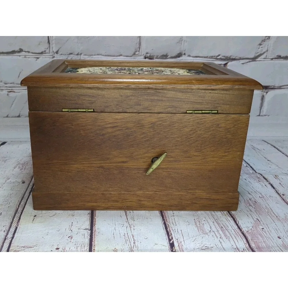 Vintage Music Wood Jewelry Box Tapestry Top Made In‎ Japan